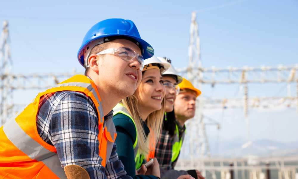vier junge Leute mit Bauhelm auf einer Baustelle