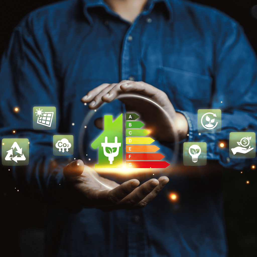 Hologramm mit Symbolen für Energieeffizienz, grünes Haus, Effizienzskala A–G, umgeben von Icons für Nachhaltigkeit.