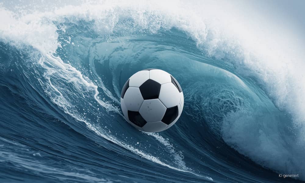 Ein Fußball wird von einer Welle mitgerissen