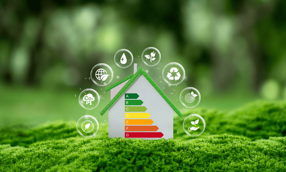 Hausmodell mit Energieeffizienzklassen A bis G steht auf grünem Moos, außen herum sind verschiedene Icons die für Energieeffizienz und CO2-Reduzierung stehen