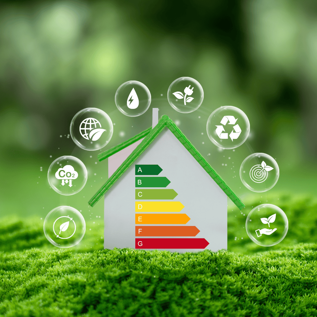 Hausmodell mit Energieeffizienzklassen A bis G steht auf grünem Moos, außen herum sind verschiedene Icons die für Energieeffizienz und CO2-Reduzierung stehen