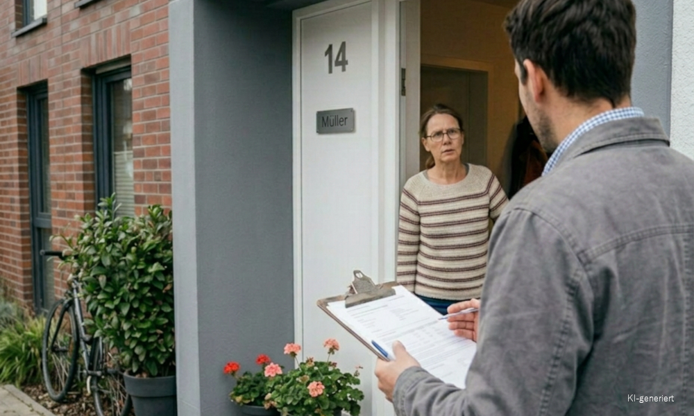 KI-generiertes Bild einer Frau, die einem Vertreter die Haustür öffnet