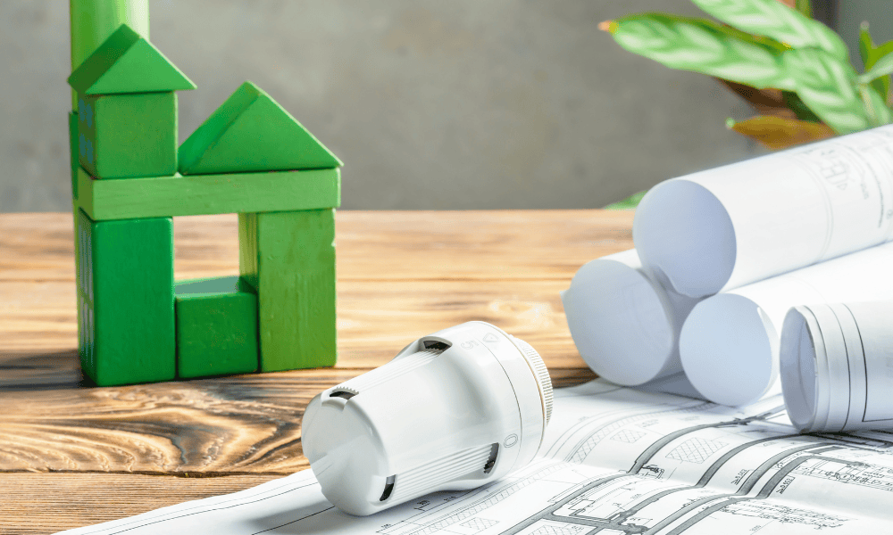 Thermostatisches Heizkörperventil und grünes Würfelhaus auf Holzuntergrund mit Bauzeichnungen