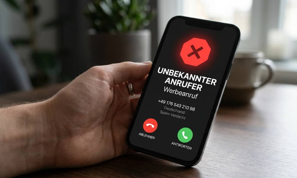 Auf einem Handy-Display wird vor einer unbekannten Nummer gewarnt